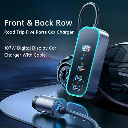 Digital display car charger 5 ports 107W